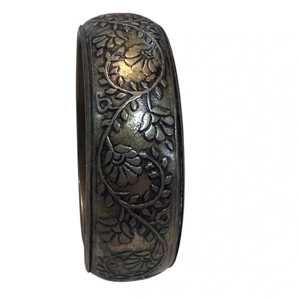 Vintage Etched Floral Metal Bangle Bracelet Wide Antique‎ Boho Engraved